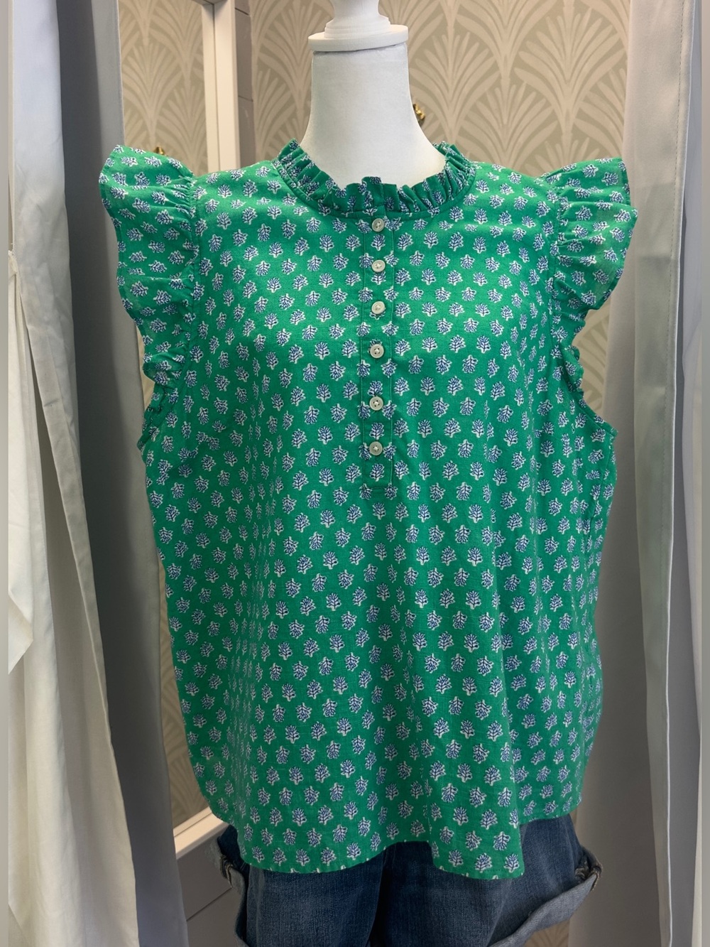 J. Crew Green Top with Blue-White Floral Print